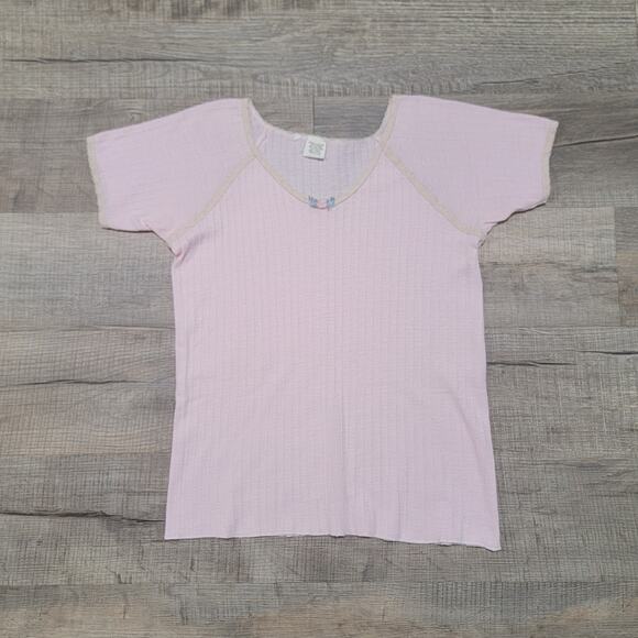 Vintage Wool Blend Baby Tee Short Sleeve Pink Bow Lacey Cottagecore Coquette Top - Picture 1 of 6